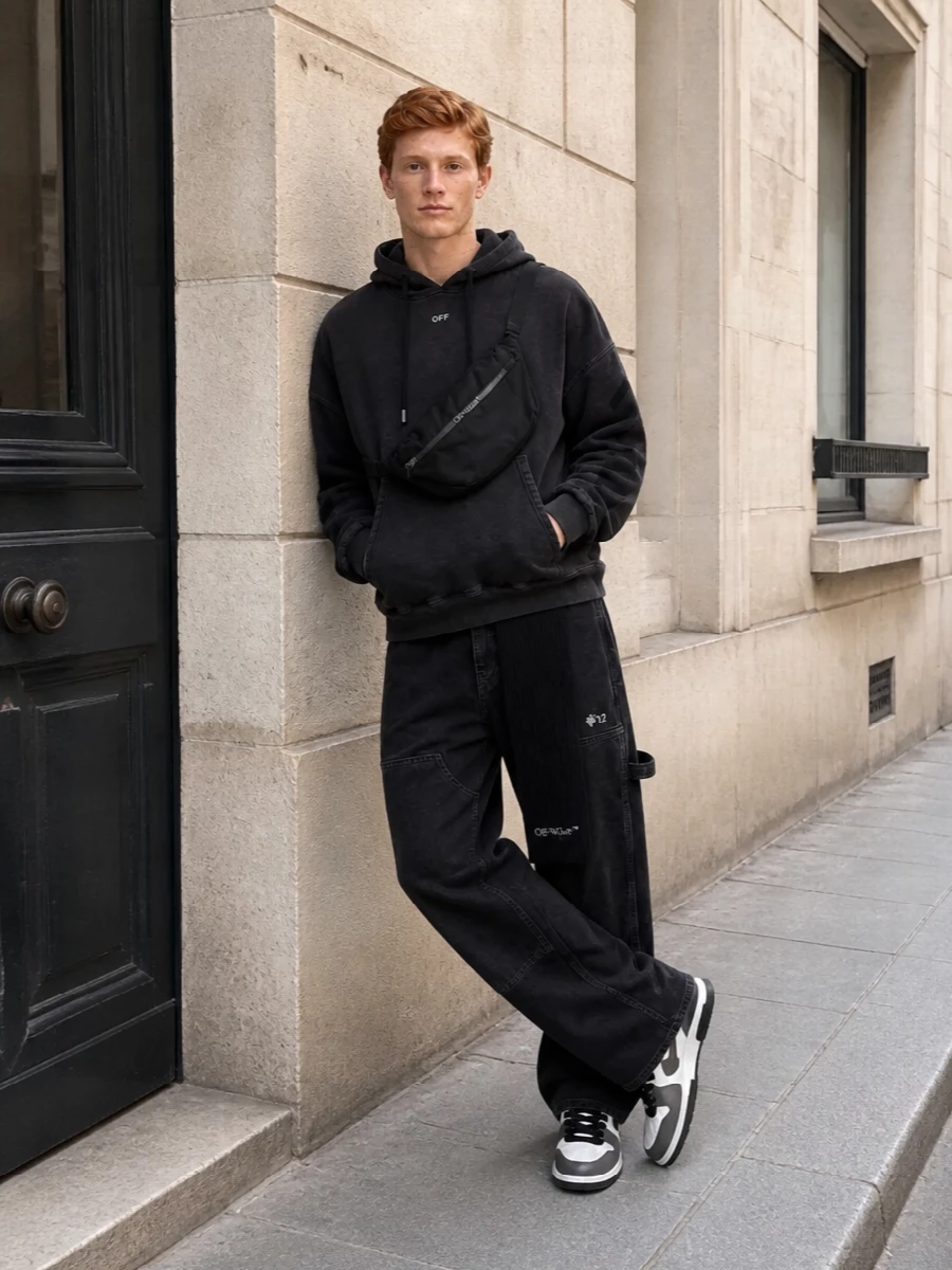 Off white hoodie cargo jeans streetwear outfit