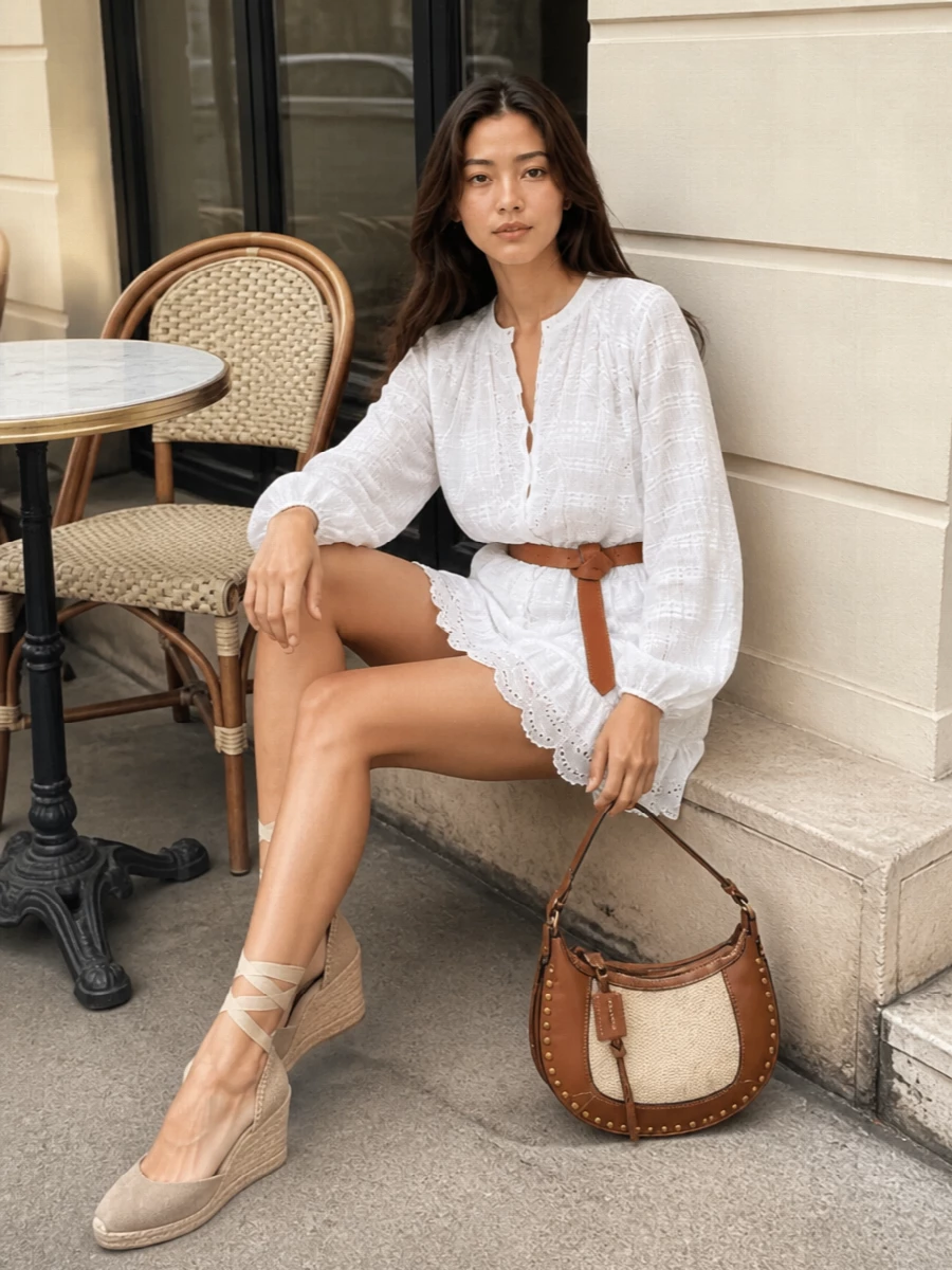 A soft white lace mini is cinched with a tan knot belt, giving gentle shape while keeping the mood airy and romantic. Sand espadrille wedges and a cream-and-tan hobo carry the boho story into warm days, perfect from brunch to garden drinks. The result is sun-ready and feminine, with just enough structure to feel considered without losing ease.