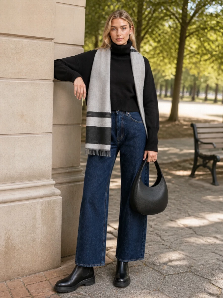 Loulou studio black turtleneck wide leg jeans outfit