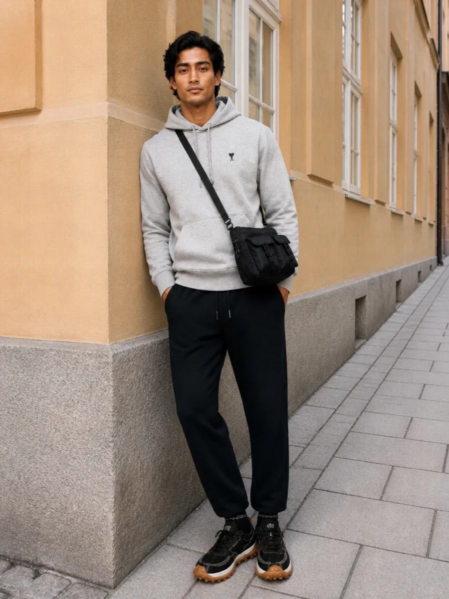 Ami paris black shorts grey hoodie outfit
