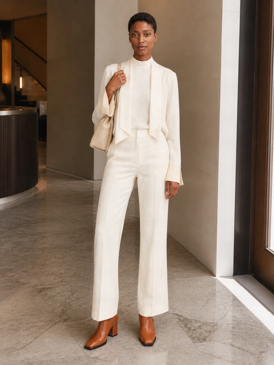 A soft ivory column of blouse and wide-leg trousers creates a calm, elongated base that lets the champagne tote quietly shine. Warm cognac boots anchor the neutrals, adding just enough contrast while staying within the same understated, refined register. Choosing tailoring over a dress keeps the outfit versatile for days that move from office to gallery or dinner without a change of clothes.