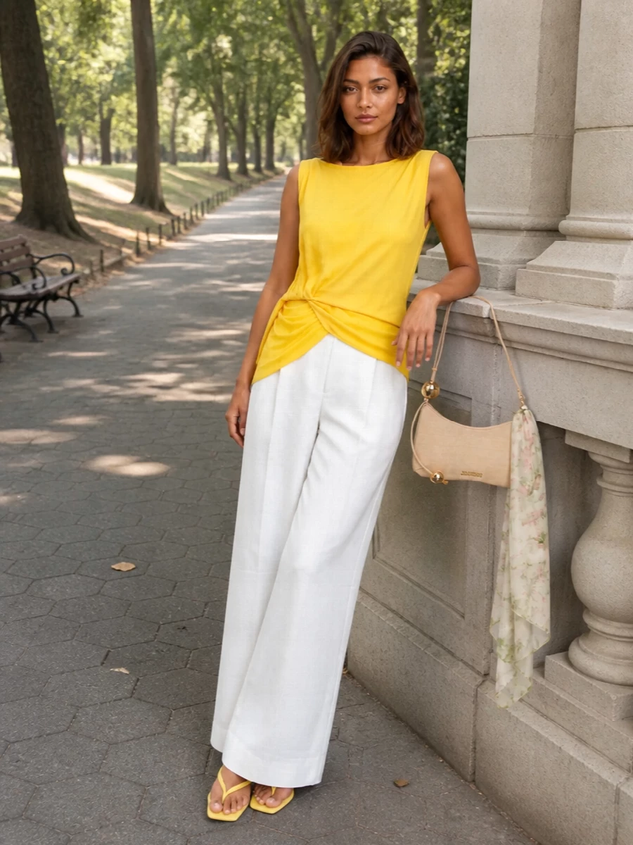 Jacquemus yellow draped top white wide leg trousers
