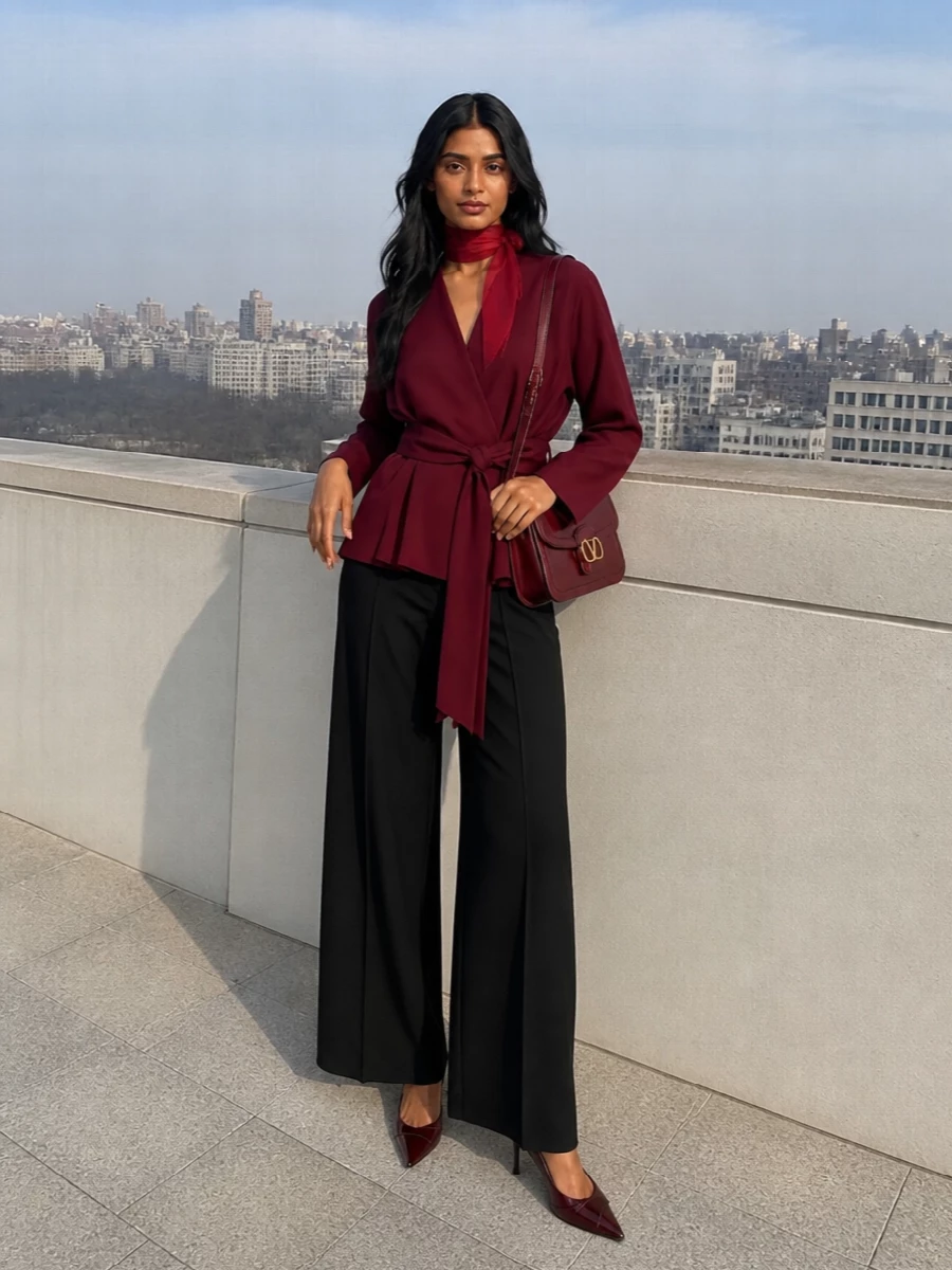 Alberta ferretti wine wrap jacket black trousers