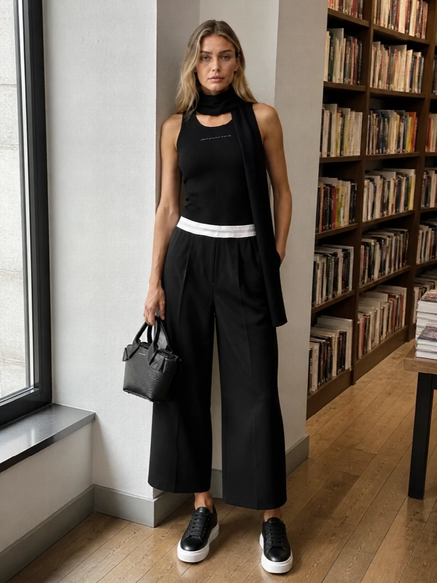A longline ribbed tank is paired with cropped, wide-leg logo-waist trousers for a clean, modern take on downtown monochrome. Chunky black-and-white sneakers keep it street-led but refined, while a structured mini tote adds just enough polish and texture. The black scarf finishes the outfit with quiet graphic depth and cold-weather function.