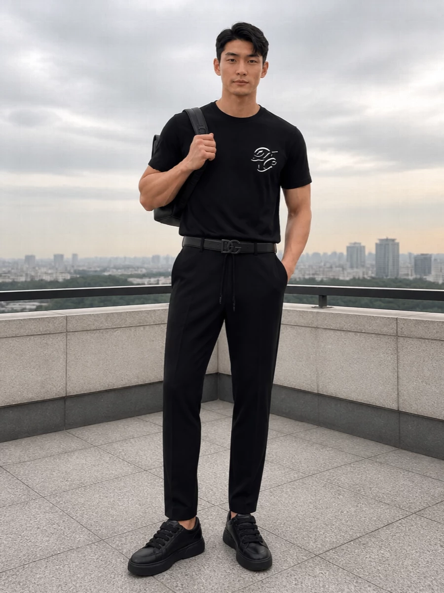 Head-to-toe black keeps this Dolce&Gabbana setup sharp and unfussy, letting the small hits of logo and texture do the work. The straight-leg jogger and chunky sneakers read like a refined track-inspired uniform, easy for airport runs, city days or low-key dinners. A structured leather backpack and subtle DG belt finish the story with just enough polish to feel considered, not dressed up.