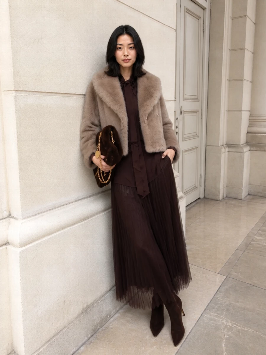 Forte forte brown dress faux fur jacket outfit