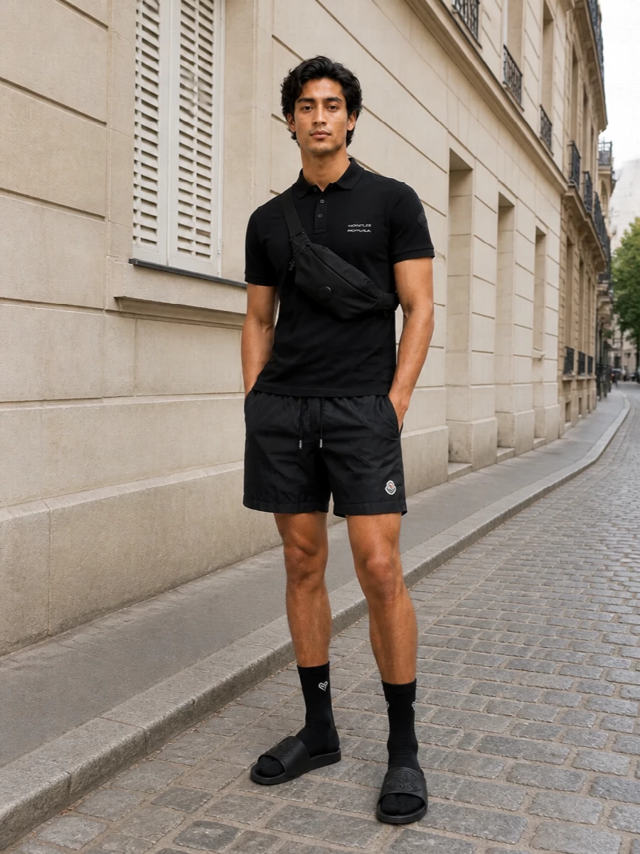 A monochrome Moncler pool ensemble that leans clean and composed, built around black swim shorts and a compact black polo. The shared logo language and restrained color keep it precise rather than flashy, while the belt bag and slides underline a technical, resort-ready ease you can take from deck chair to beachfront bar without changing a piece.