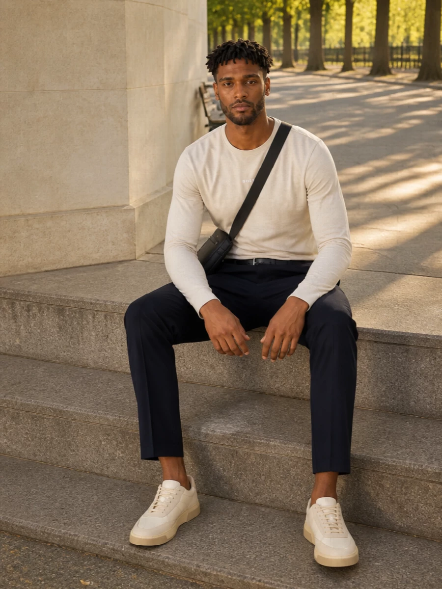 Boss beige long sleeve navy trousers cream sneakers
