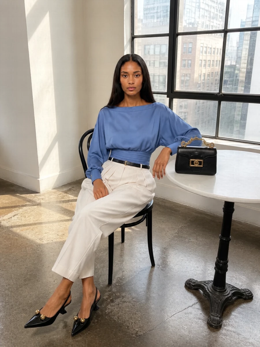 Lanvin blue blouse ivory trousers outfit