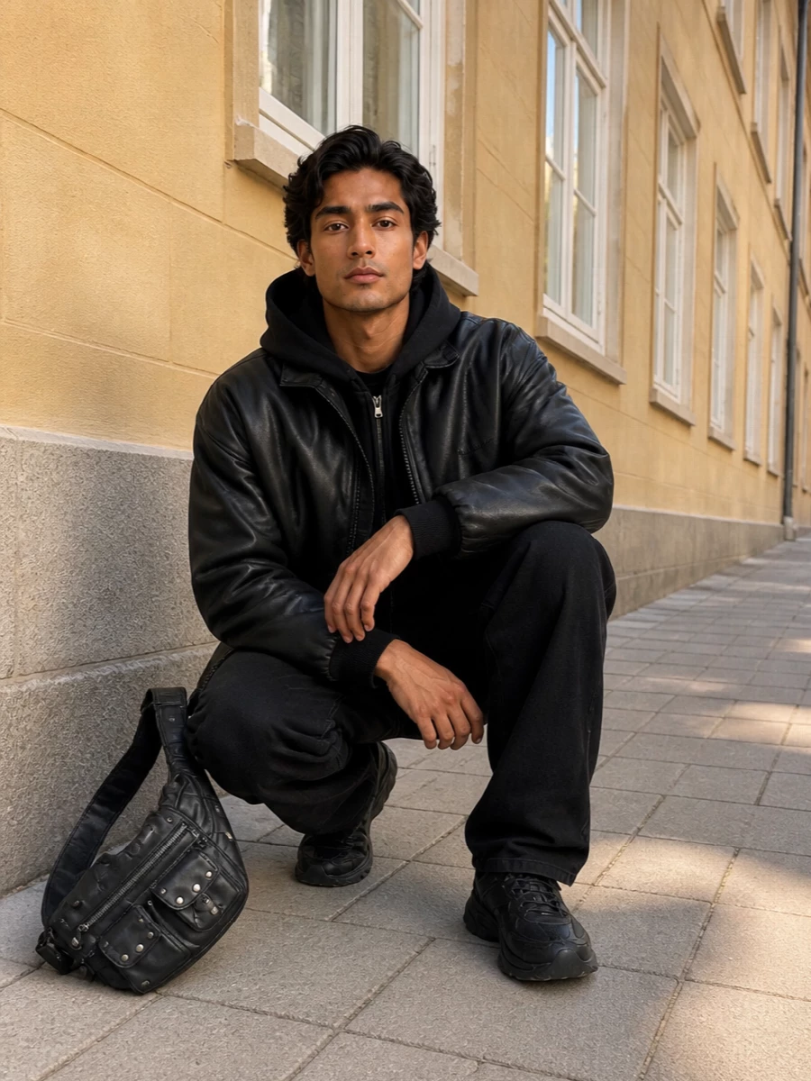 Balenciaga black bomber relaxed jeans outfit