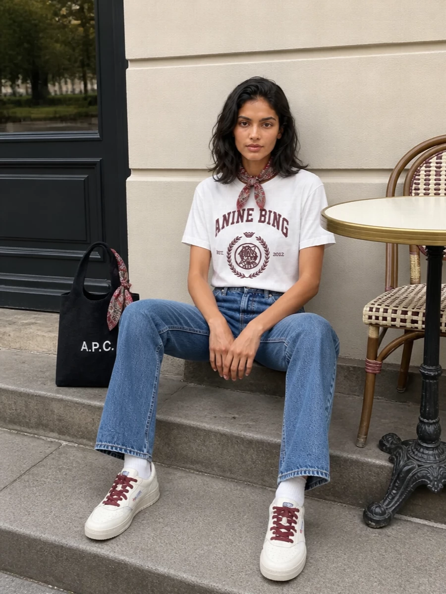 A collegiate Anine Bing tee meets high-rise straight denim for a clean, campus-to-city uniform. Burgundy-hit sneakers echo the graphic print, while a structured navy A.P.C. tote and checked bandana keep the palette tight and intentional. Wear the scarf at the neck or on the handle to pull the whole story together without overstyling.
