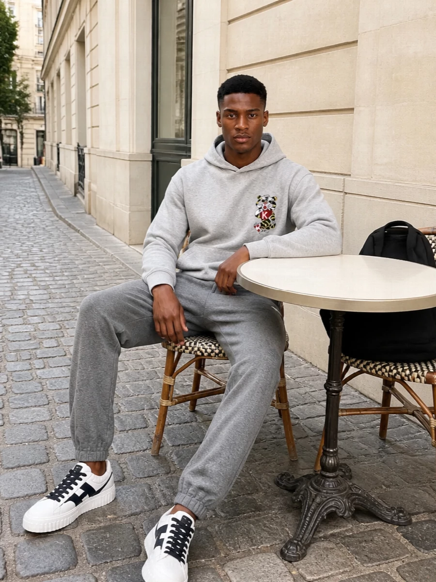 Kenzo hoodie grey joggers white sneakers