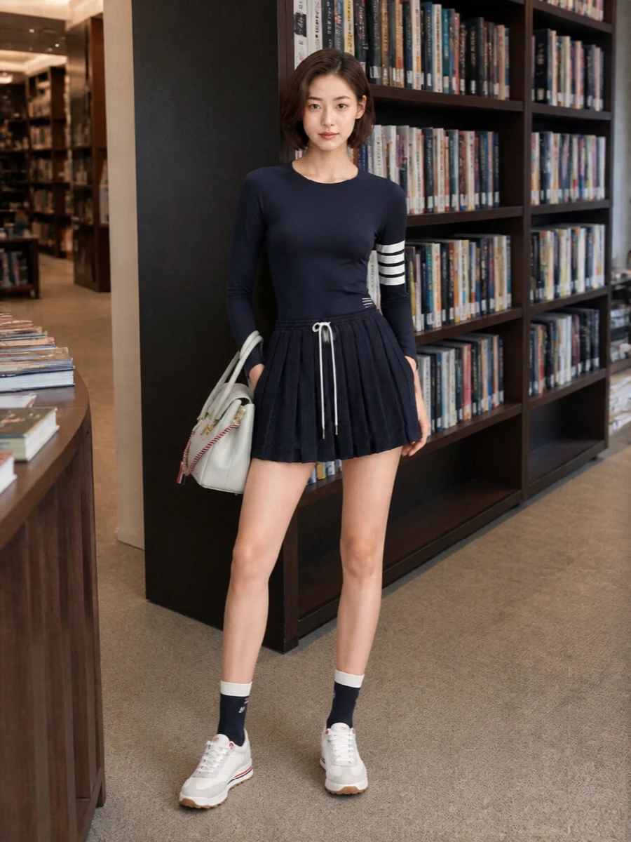 Thom browne navy tennis skirt white sneakers