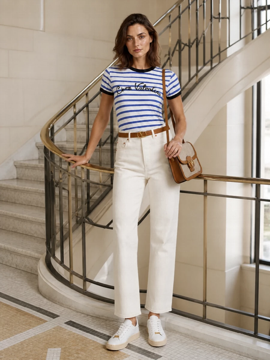 A crisp Breton tee meets ivory denim for a quietly polished take on off duty dressing. Clean lines, soft neutrals and discreet gold hardware keep the mood refined while still feeling easy. The result is relaxed preppy charm that slips from city errands to terrace lunches without a change of pace.