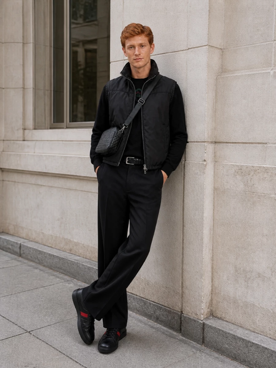 Gucci quilted gilet black trousers outfit