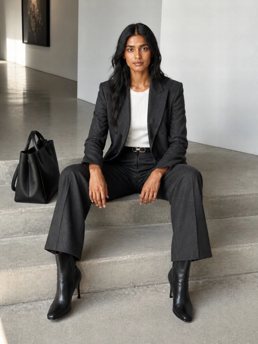 A sharply tailored charcoal trouser is paired with a matching double-breasted blazer for a clean, quietly assertive take on power suiting. Sleek black ankle boots, a sculpted black bucket bag and a slim croc-effect belt keep the palette disciplined and the lines long, perfect for serious days that may run into late dinners. The result is modern, minimal and unmistakably polished without ever feeling loud.