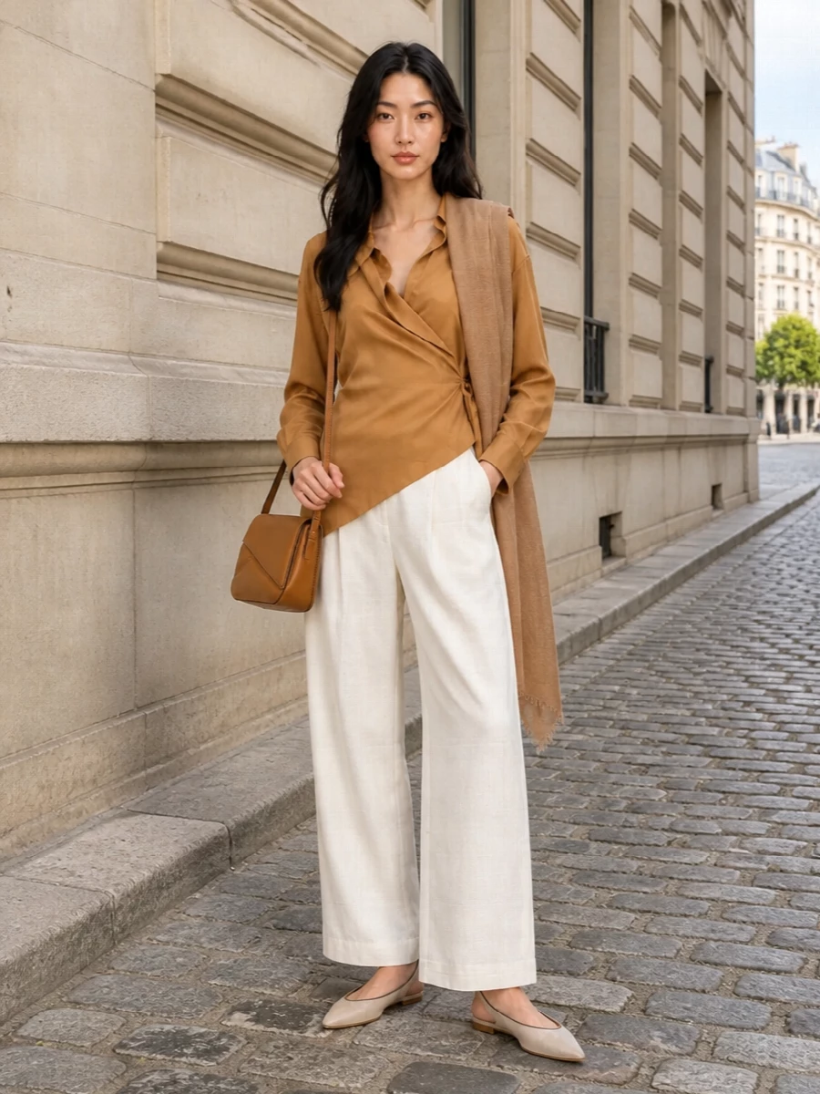 Camel and ivory sit quietly together here, all about fluid volume anchored by a clean, high waist. The wrap neckline introduces just enough asymmetry, with blush-toned flats and a structured caramel shoulder bag keeping the mood polished but relaxed. A gauzy camel scarf finishes the palette in a low-key, tonal way rather than adding contrast.