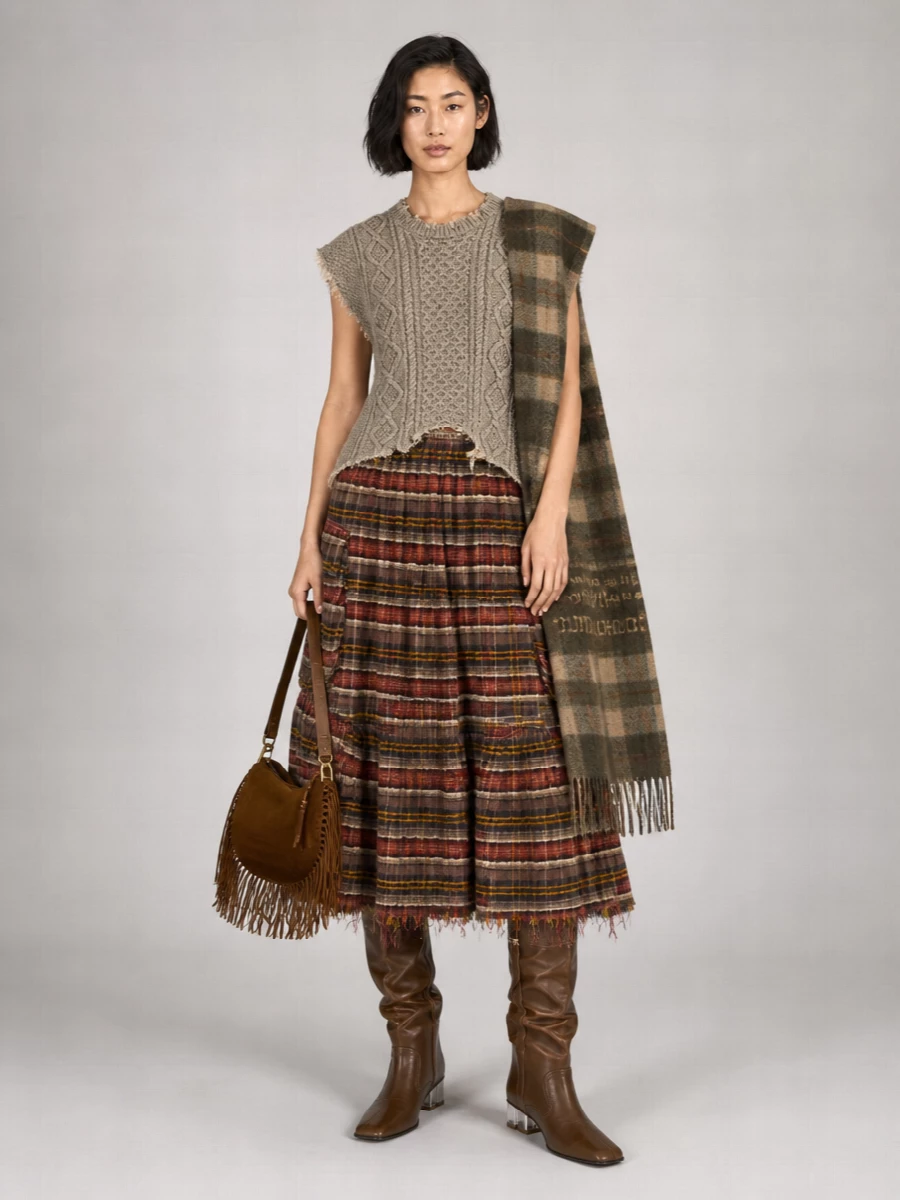 R13 tartan cargo full skirt
