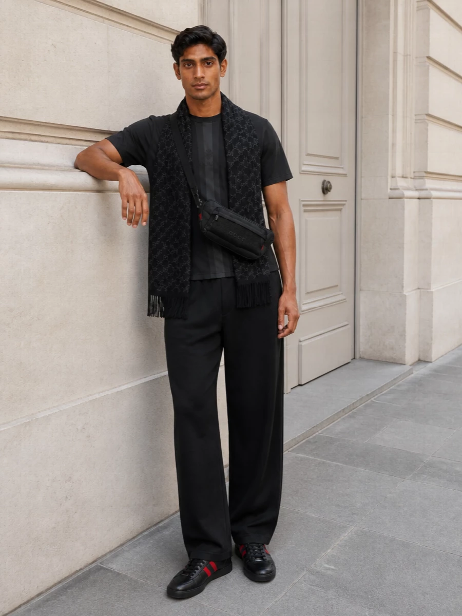 Gucci black wide leg trousers tee streetwear outfit