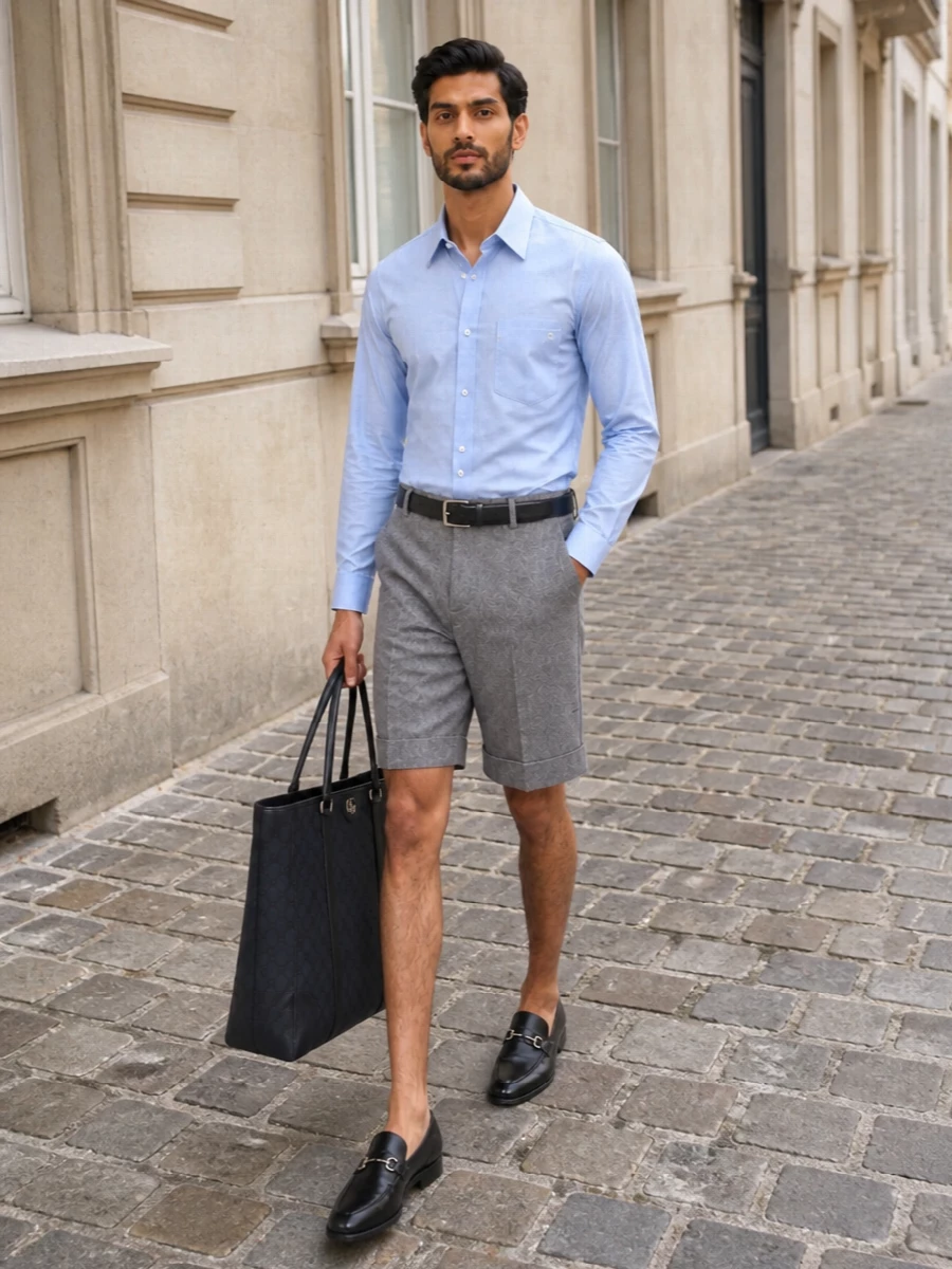 Gucci light blue shirt tailored grey city shorts