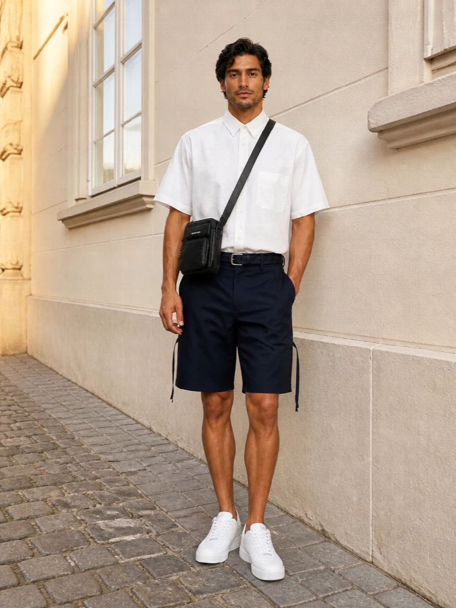 Comme des garcons navy shorts white shirt outfit