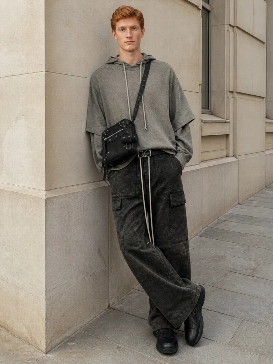 The look builds a full Rick-informed uniform around the washed charcoal wide-leg cargos, pairing them with the moss-grey layered hoodie for a tonal, slouched silhouette that still feels intentional. Sleek black Prada sneakers and a moto-detailed Balenciaga crossbody keep the palette dark and urban, while a minimal logo belt subtly defines the waist so the volume reads architectural rather than sloppy. It’s an elevated FW streetwear kit that’s moody, comfortable and sharply put together.