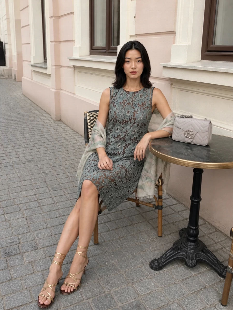 Gucci lace cocktail dress gold strappy heels