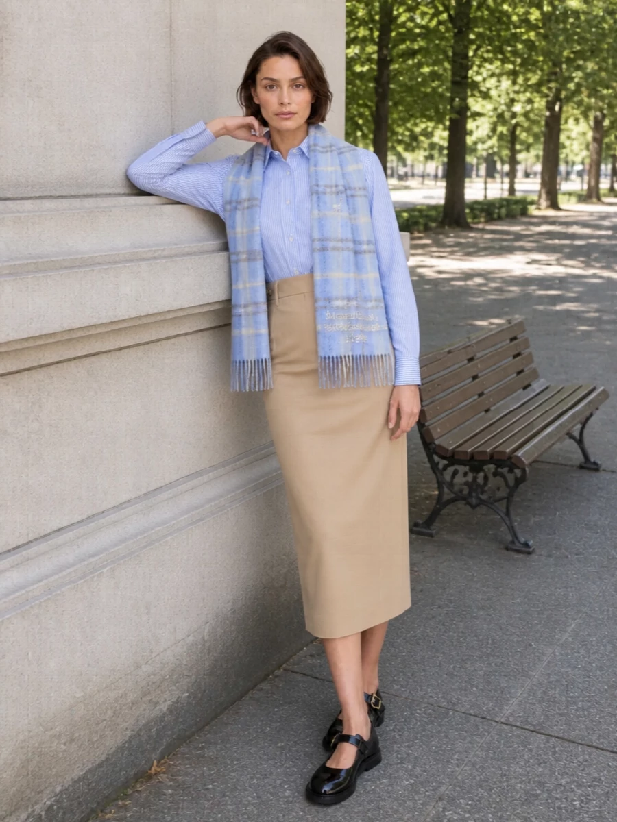 Moschino striped shirt beige midi skirt outfit