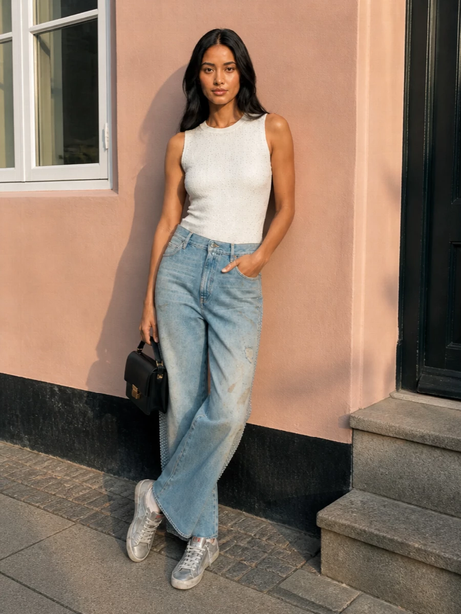 Golden goose sequin tank studded wide leg jeans
