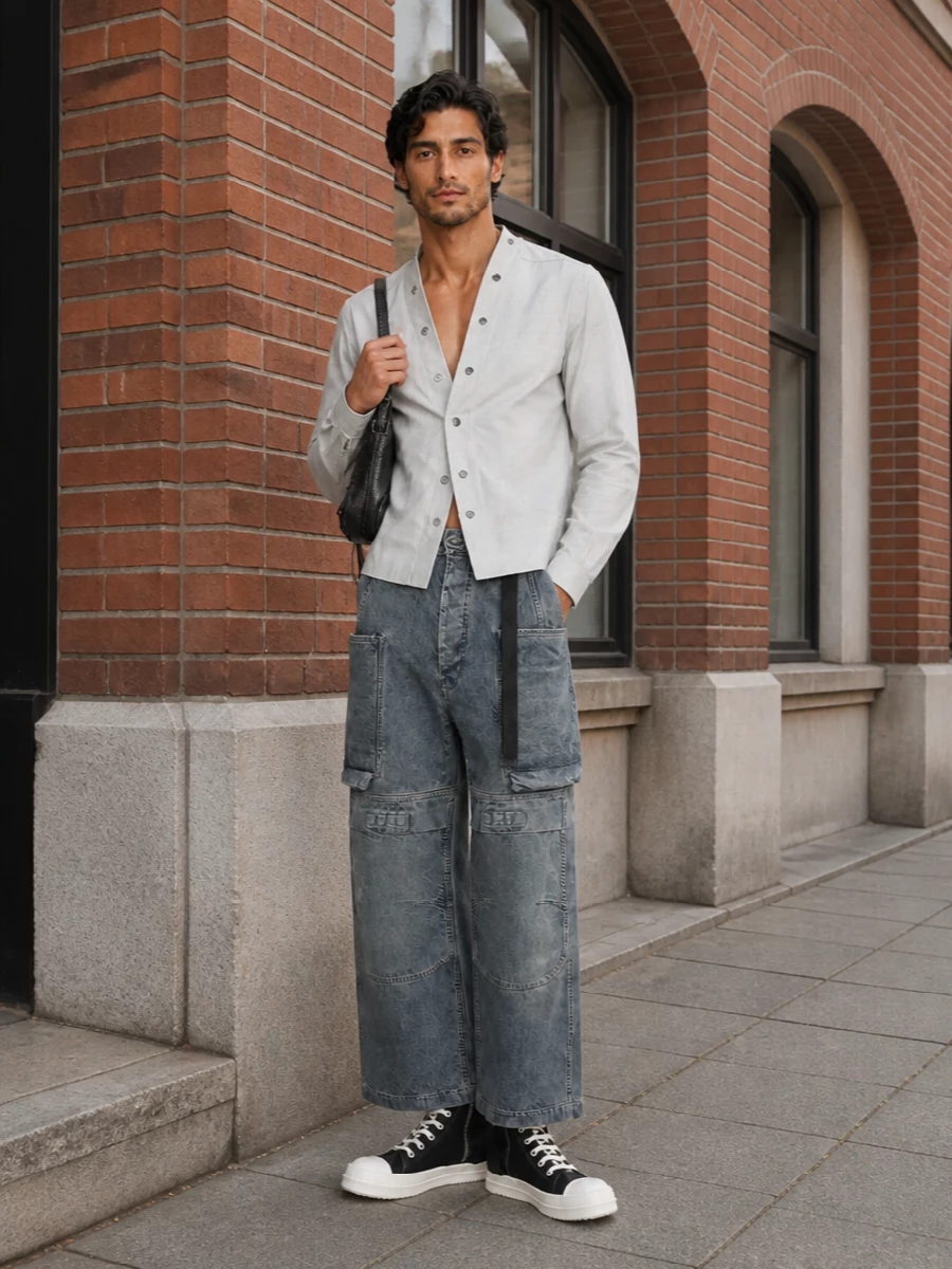 The outfit builds on the stone-grey DRKSHDW shirt with high-rise slate wide-leg cargo denim, creating a long, architectural line that feels rigorously minimal yet unmistakably Rick. Chunky black-and-off-white hi-top sneakers ground the volume with a graphic, dystopian edge, while the compact black leather shoulder bag adds a sharp, moto-style accent without breaking the monochrome, industrial palette. The result is a coherent SS uniform: clean, directional and quietly subversive.