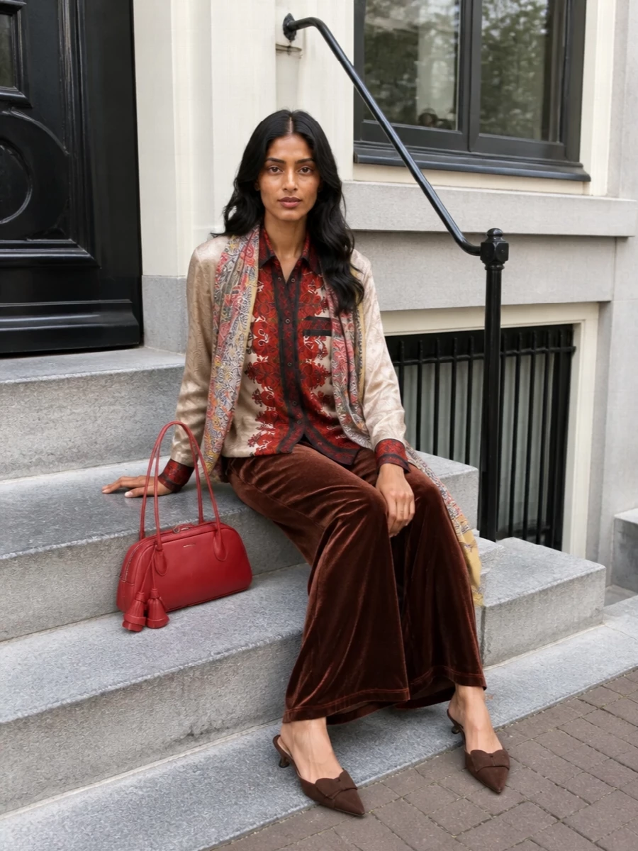 Romantic tapestry shirting meets plush chestnut velvet for a warm, art-driven take on tailored dressing. The kitten-heel slingbacks and sculptural red shoulder bag keep the lines clean but feminine, letting the prints and textures feel collected rather than chaotic. It is the kind of composition that works as easily for a gallery opening as it does for an intimate restaurant table.