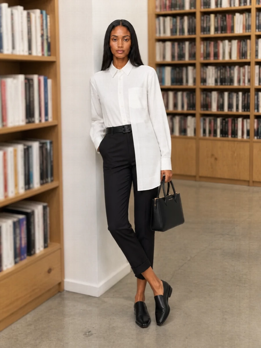 Comme des garcons cropped trouser white shirt outfit