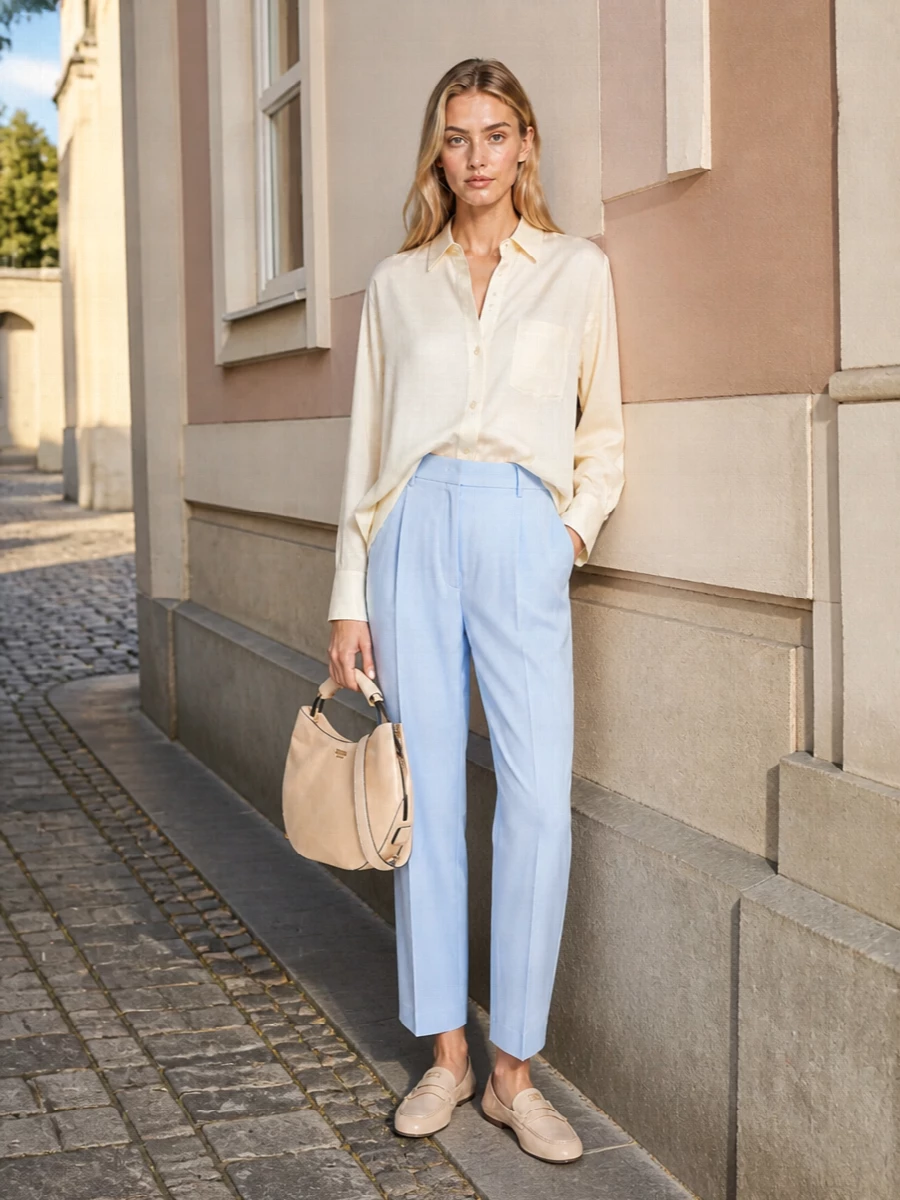 A fluid cream shirt half-tucked into powder-blue tailored trousers lets the nude Miu Miu loafers stay soft and feminine rather than overly classic. The palette stays light and quiet, with the subtle blue adding just enough freshness for city lunches or understated office days. A structured nude tote echoes the shoes and keeps the whole outfit feeling polished without ever tipping into formal.