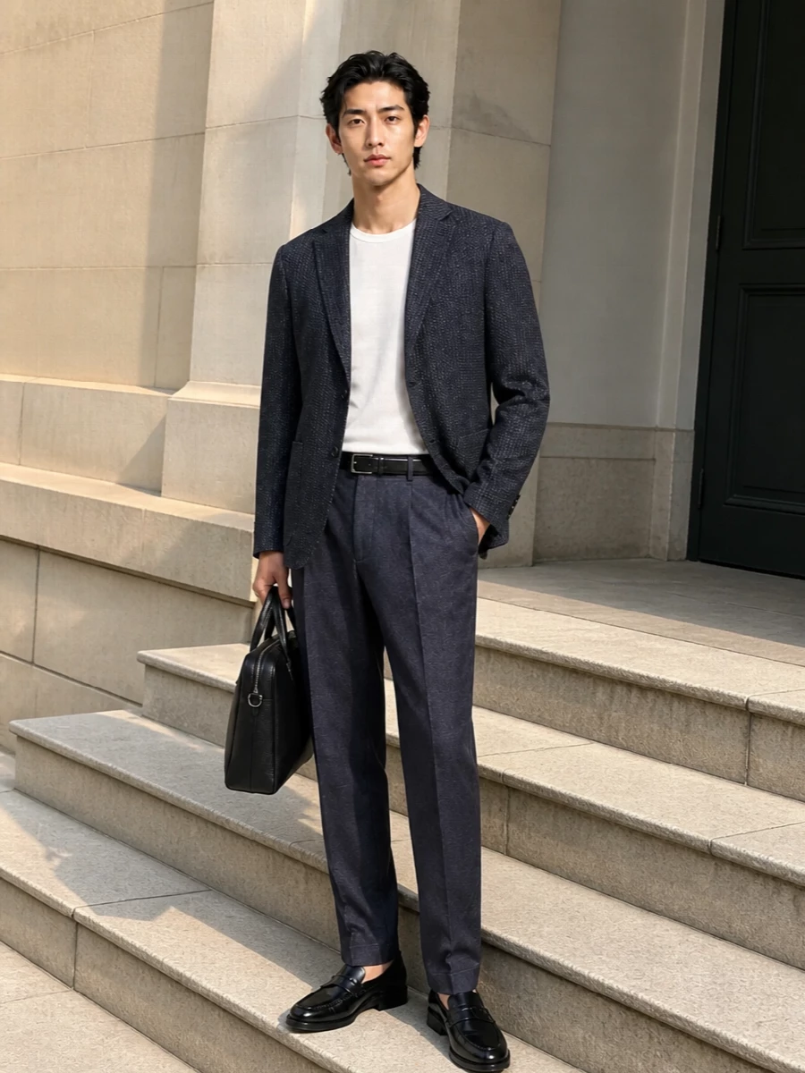 Zegna navy blazer slate trousers tods loafers