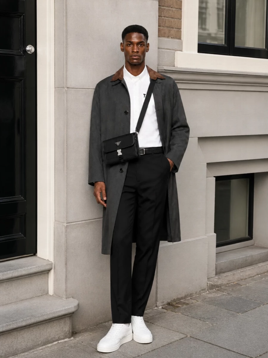 Ami black trousers white shirt prada bag