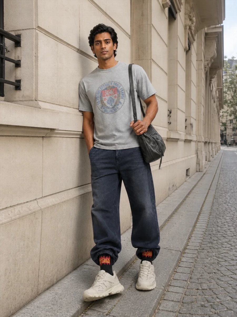 A faded crest tee meets relaxed washed navy denim for a modern, slightly slouchy campus energy that still feels curated. Cream technical runners keep the palette soft and grounded, while the charcoal shoulder bag and flash of graphic socks add just enough attitude. It is an easy uniform for city days when you want streetwear that nods to prep without feeling polished or try-hard.