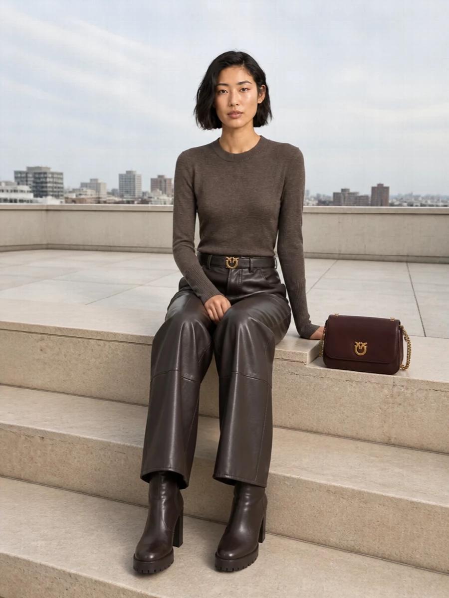 Pinko brown faux leather trousers knit boots