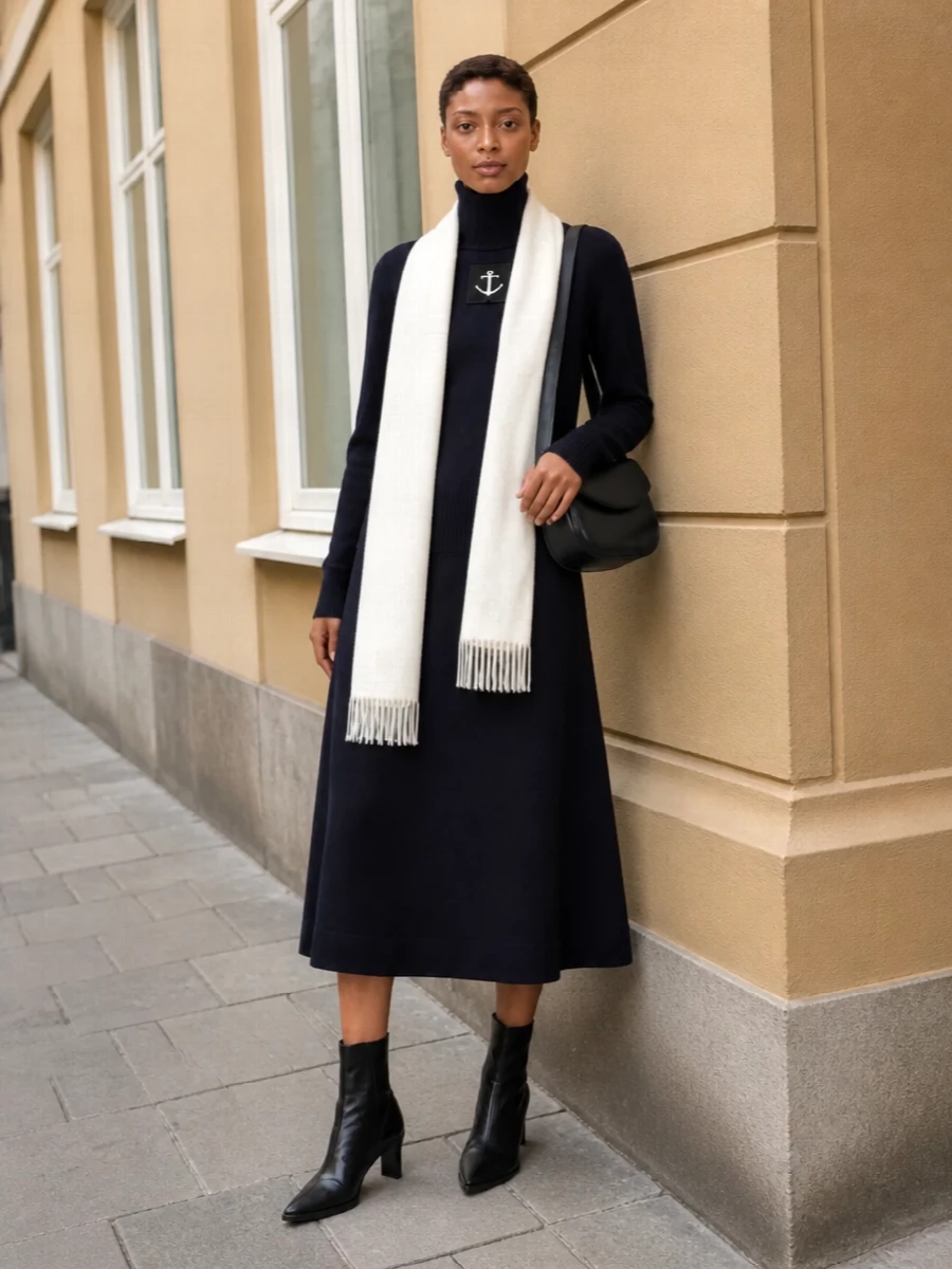 Jil sander navy turtleneck midi skirt outfit
