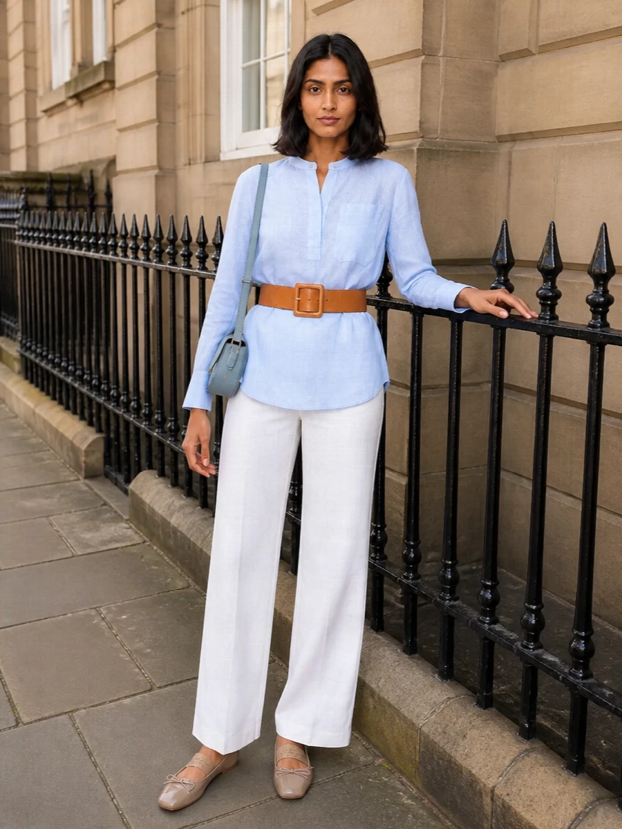 Max mara sky blue blouse white trouser outfit