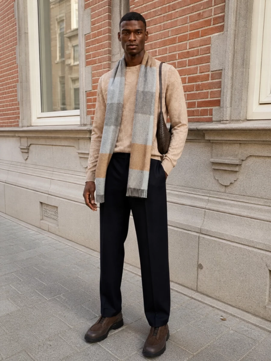 Etro paisley sweater navy pleated trousers outfit