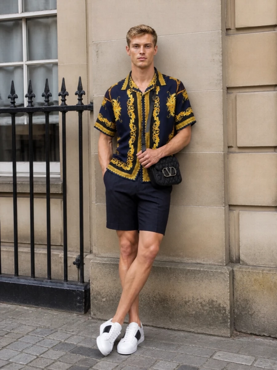 Versace’s baroque camp shirt sits over deep navy tailored shorts for a sharp, city-ready take on statement summer evenings. Clean white and navy sneakers and a compact black crossbody keep the drama contained to the print, reading confident rather than loud. It feels modern, luxurious and easy to wear from rooftop drinks to late-night bars.