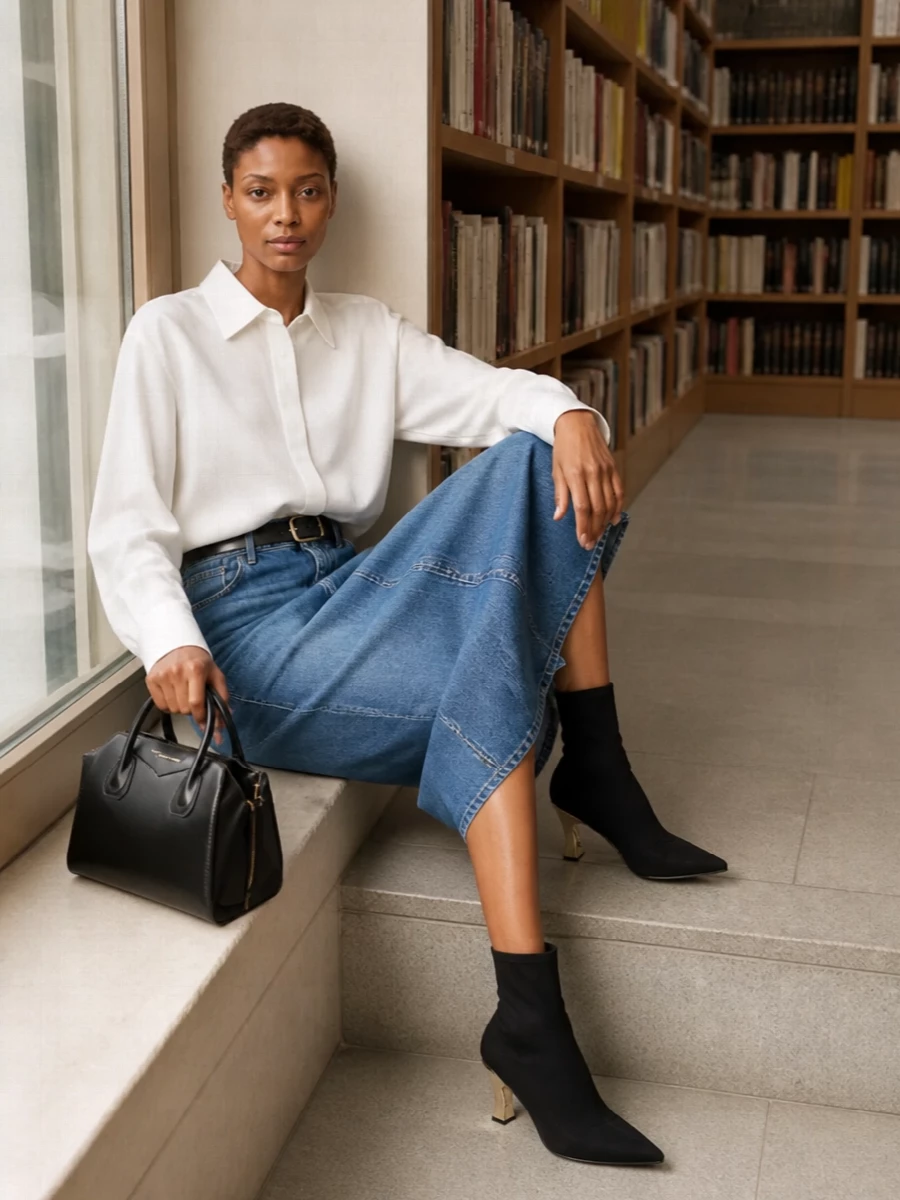 Givenchy denim midi white shirt black boots