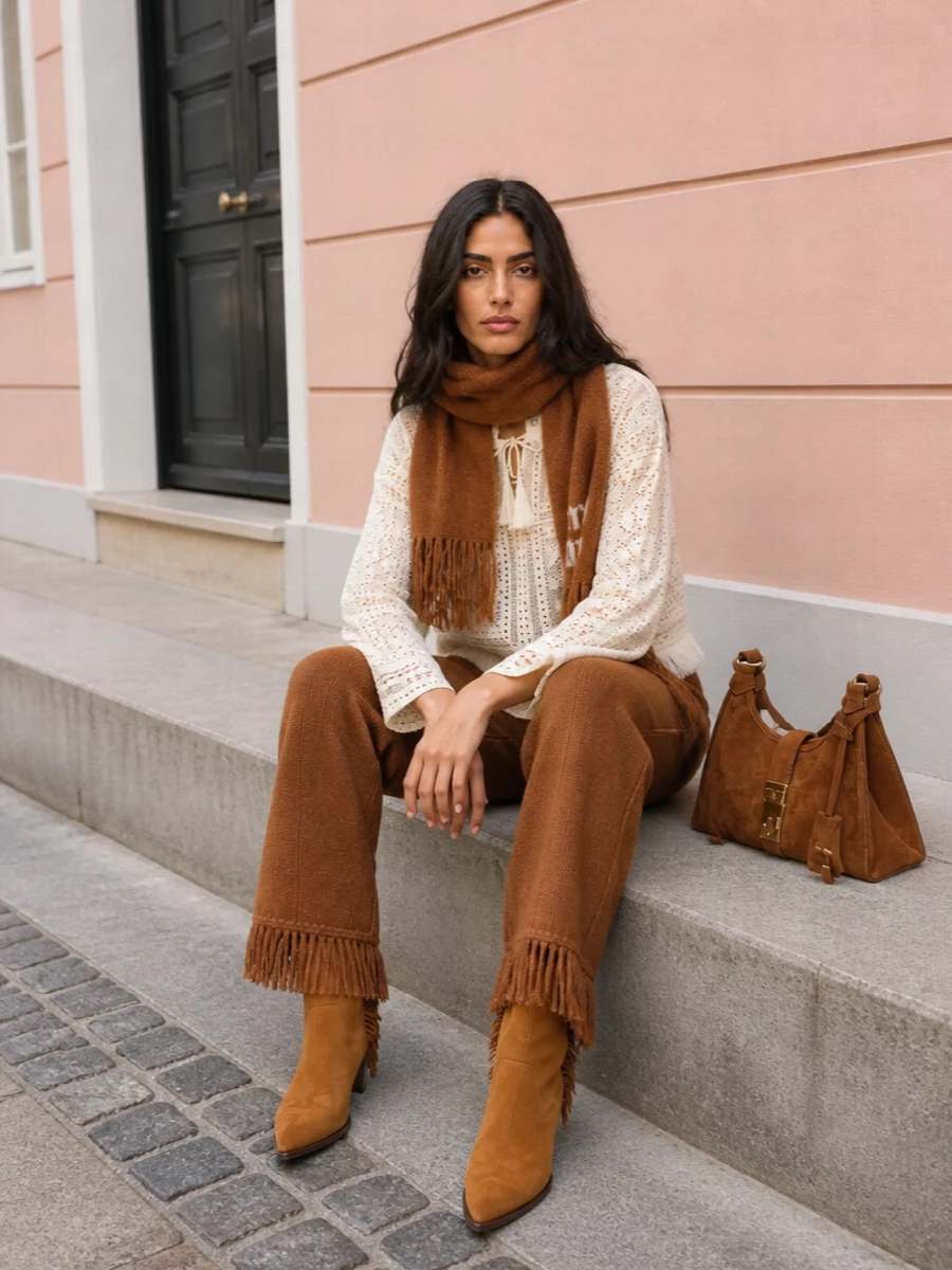 Alanui knit pants lace blouse suede boots outfit