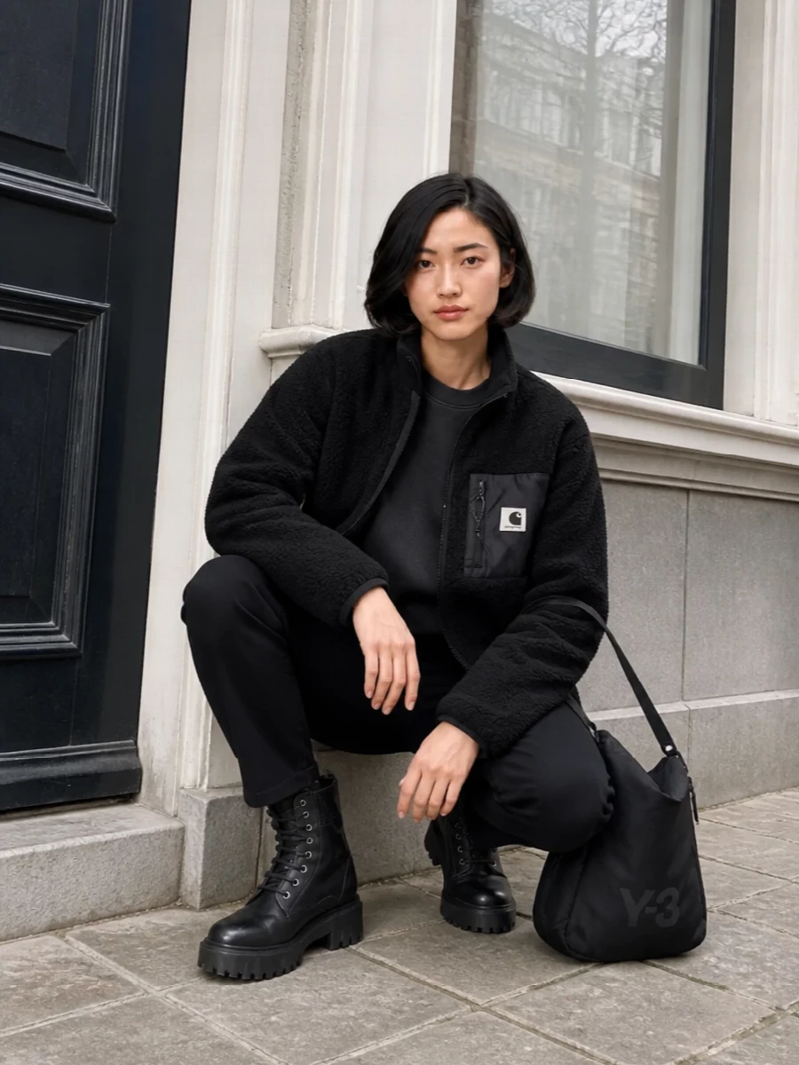 I’m building this around the jacket as the anchor, so we stay in a tight black and charcoal story that feels clean and properly urban. The washed crew, straight black denim and chunky combat boots create a low-key column under the fleece, while the Y-3 bag adds just enough technical detail without fighting the Carhartt branding. It is an easy off-duty uniform that still reads considered from skate park to late train home.