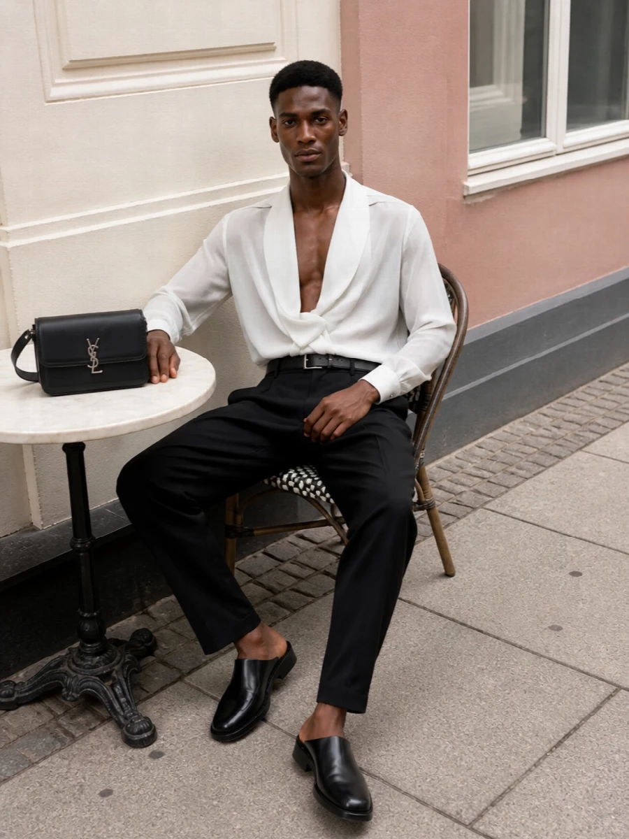 Saint laurent draped shirt black tailored trousers