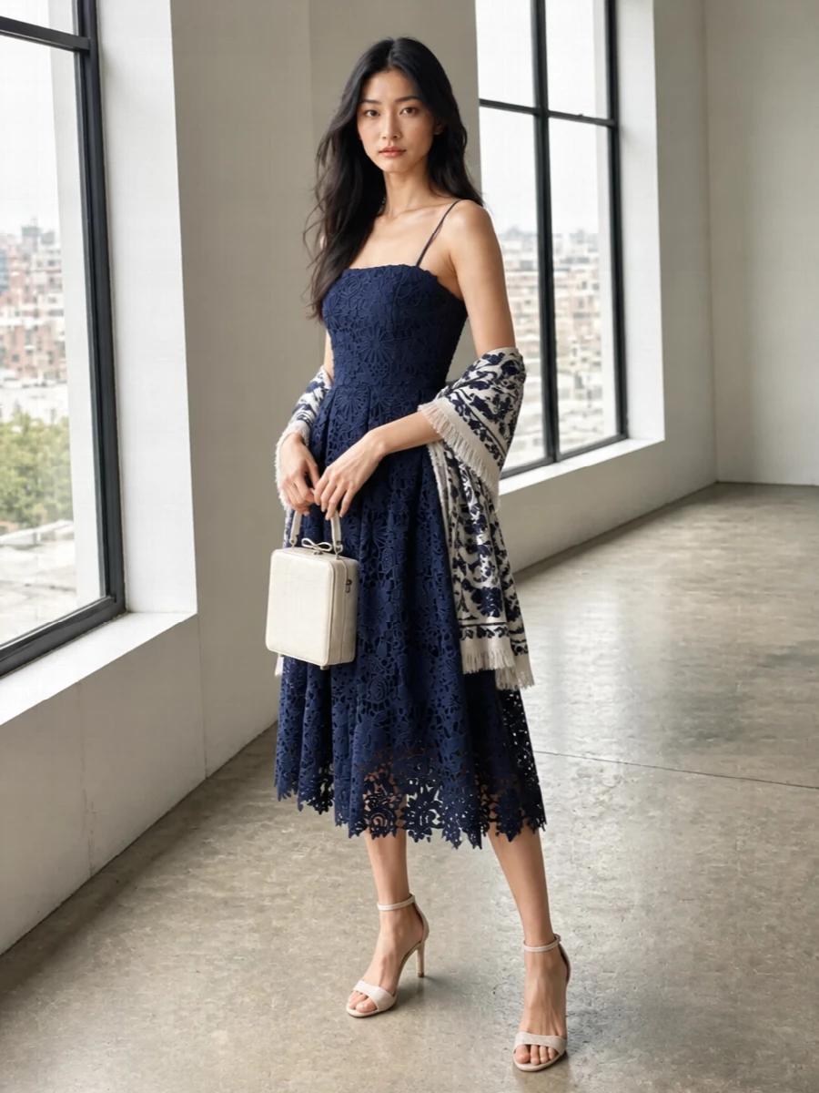 Rotate navy lace midi dress metallic sandals