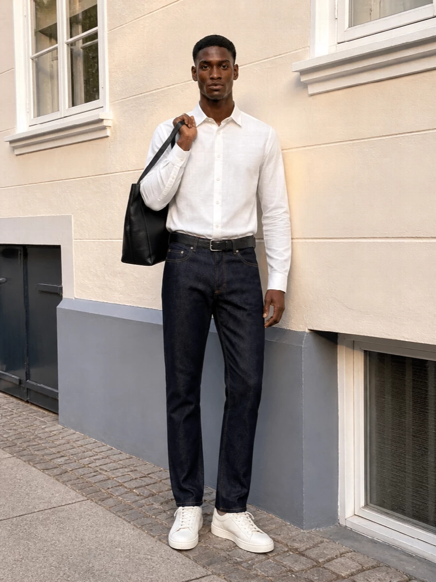 Apc raw denim white shirt leather tote