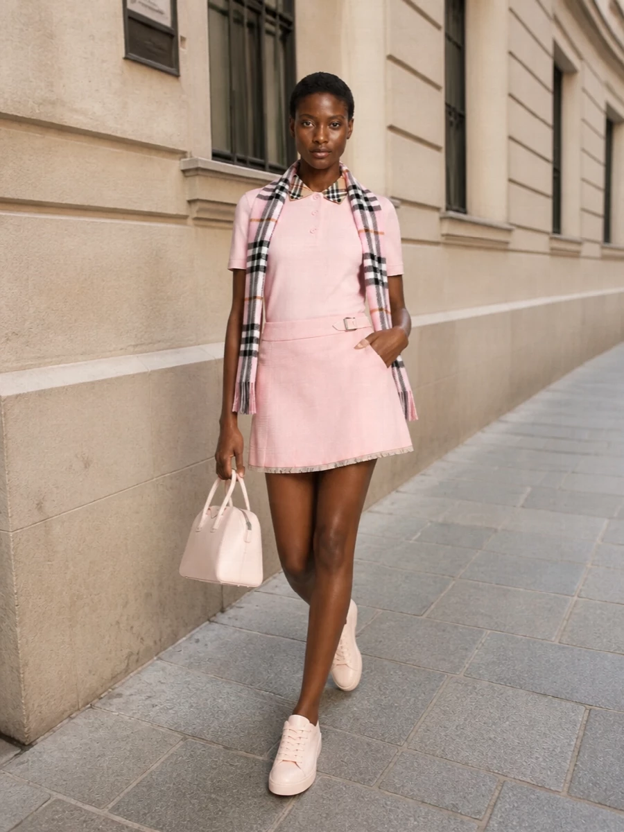 This look leans into a tonal blush story, pairing the polo mini with a softly structured wrap skirt to create a leggy, preppy silhouette that still feels composed. Blush leather sneakers and a structured blush top-handle keep everything in the realm of refined off-duty, while the check-accented scarf subtly echoes the collar so the outfit reads cohesive, polished, and unmistakably Burberry-adjacent without feeling logo-heavy.
