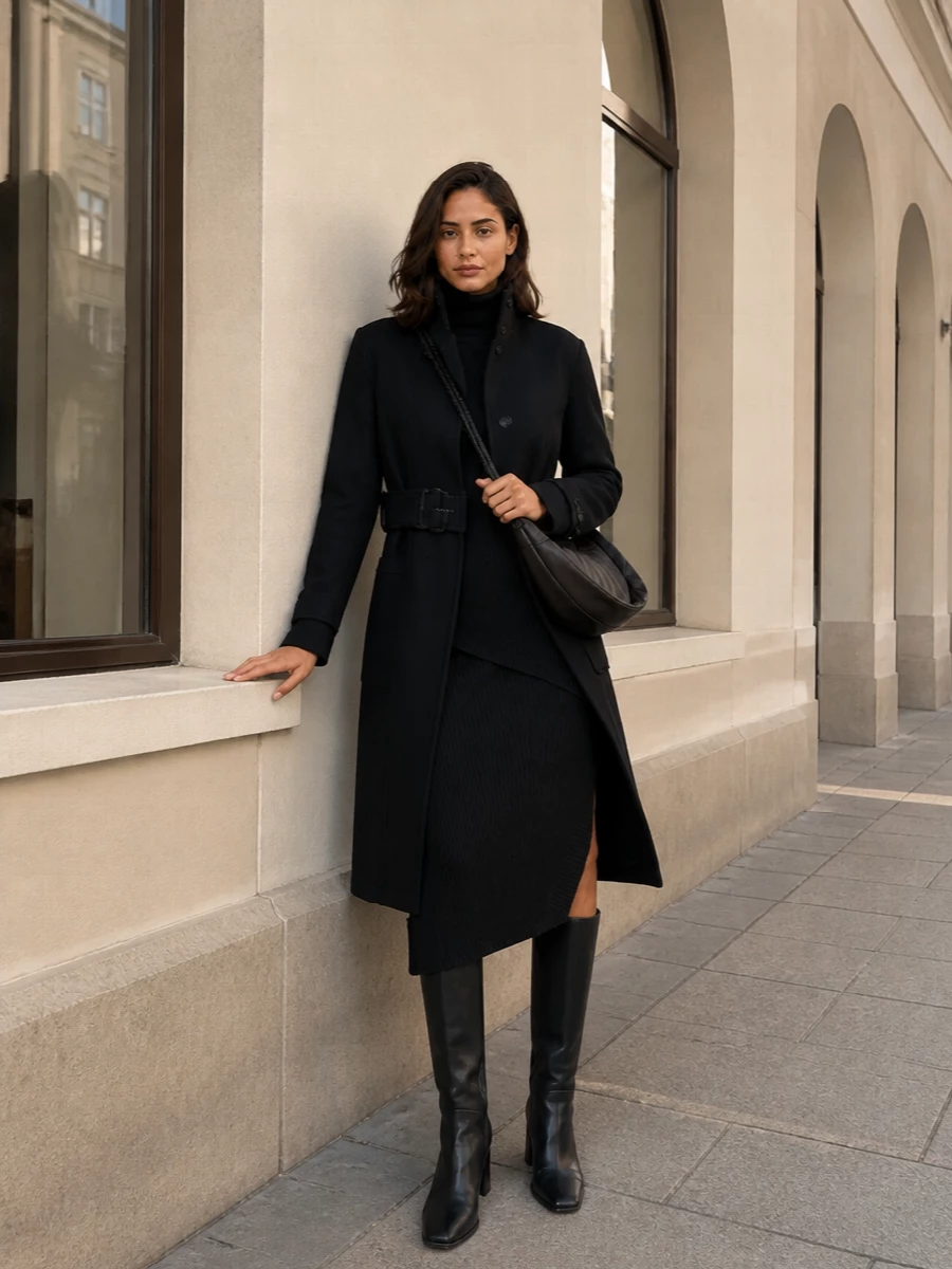 Lemaire coat lanvin black knit dress outfit