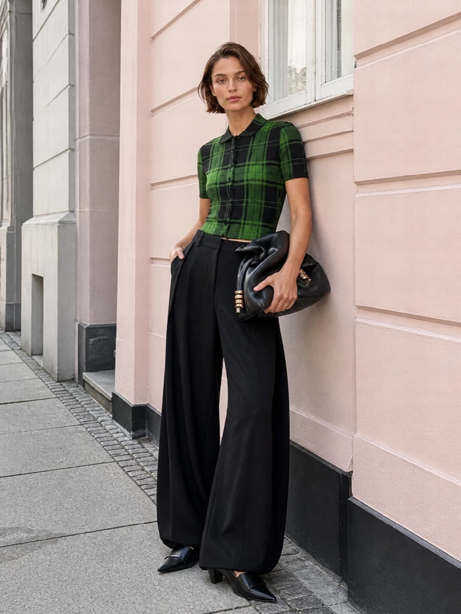 Loewe green plaid polo black wide leg trousers